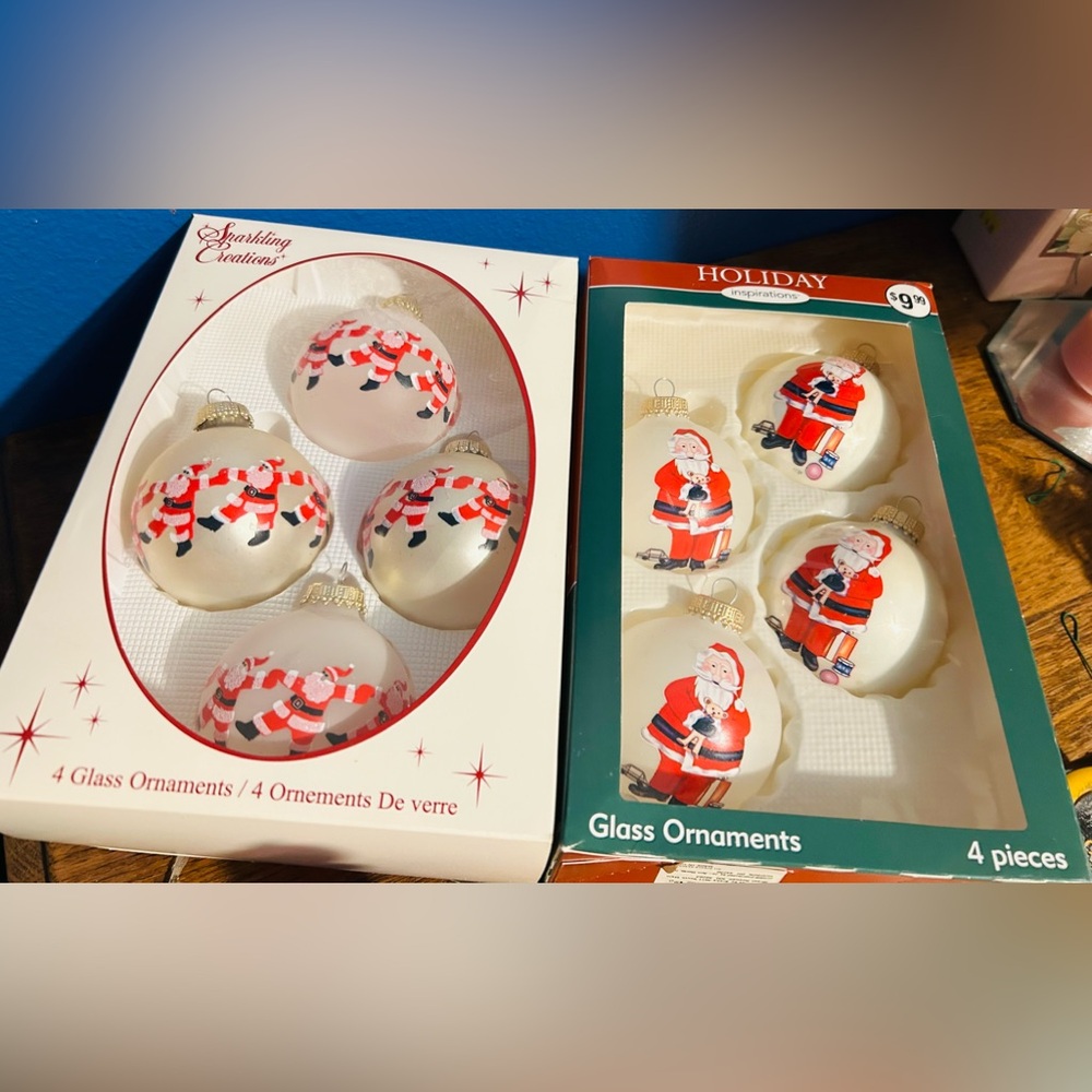 Vintage Sparkling Creations & Krebs 8 Ball Glass Ornaments W/Santa Claus . USA